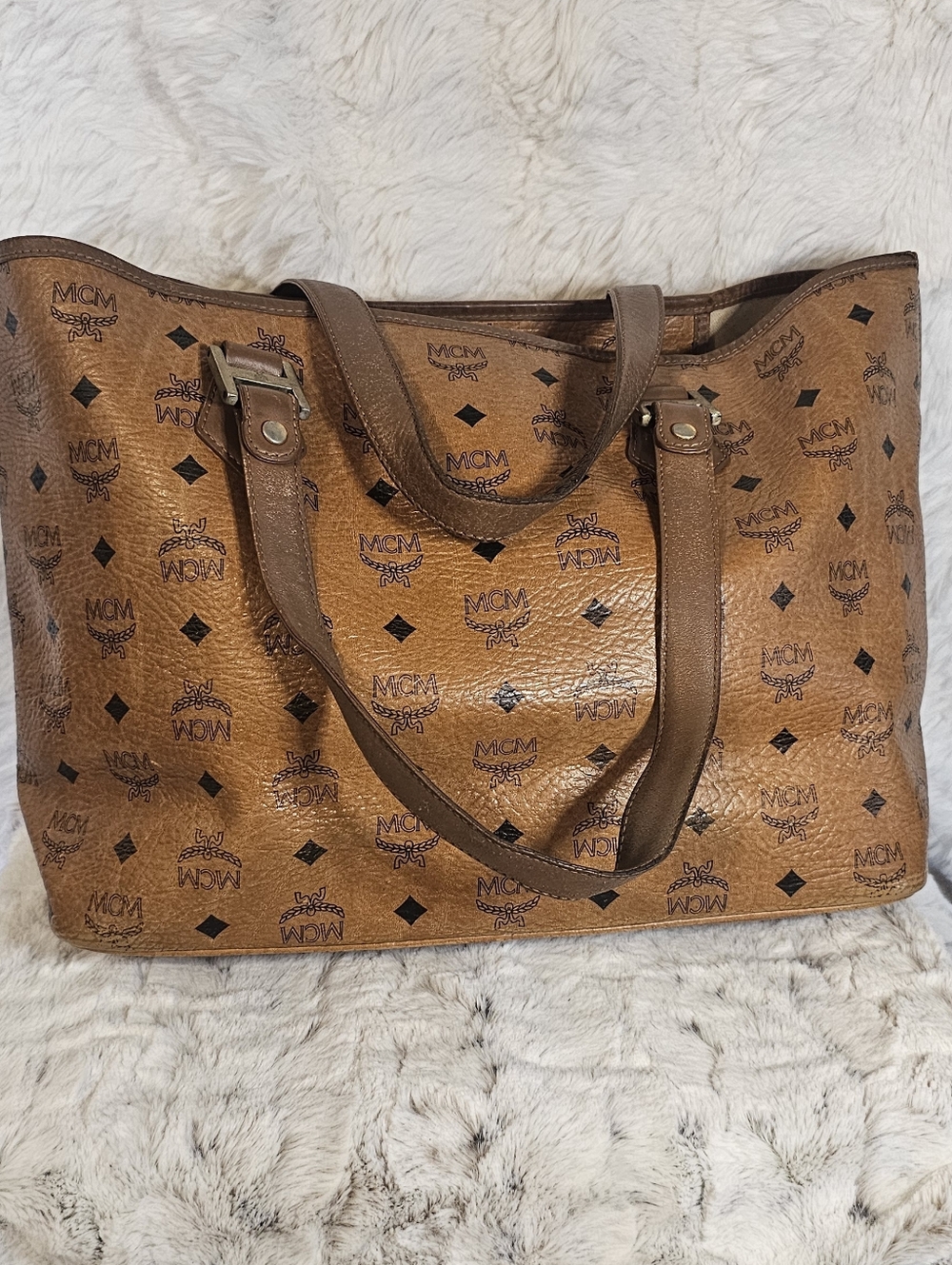 MCM Cognac Monogram Tote with Pink Center Stripe - Picture 7 of 16